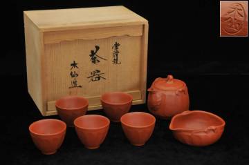【真作】 常滑焼 杉江木仙 『茶器』 共箱 急須 煎茶碗 湯冷まし 朱泥 茶道具 茶器　32260361-2