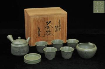 【真作】 常滑焼 吉川秀樹 『緑泥 茶器』 共布・共箱 横手急須 煎茶碗 湯冷まし 朱泥 茶道具 茶器　32260361-3