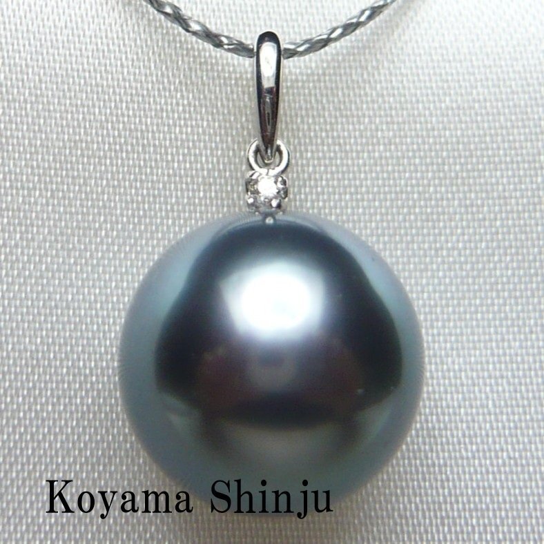  新品★小山真珠★１円～最新デザイン！絶品カラー！グリーンブラック系大珠11.5mm黒蝶真珠Pt900ダイヤ入りパールペンダント