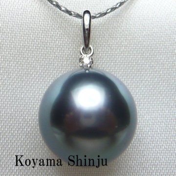 新品★小山真珠★１円～最新デザイン！絶品カラー！グリーンブラック系大珠11.5mm黒蝶真珠Pt900ダイヤ入りパールペンダント