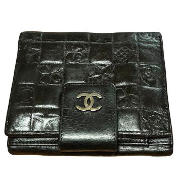 1円スタート　シャネル CHANEL アイコン Wホック 二つ折り財布 ブラック 9番台