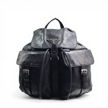 希少 PRADA all leather double pocket black back pack Calf leather RARE プラダ バックパック オールレザー 黒 保存袋有り