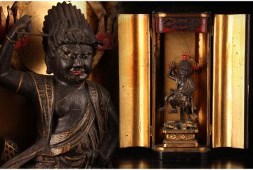 [URA]仏教美術/木彫金彩蔵王権現像/漆塗逗子入り/4-5-26　(検索)骨董/木彫/仏像/仏教/寺社仏閣/不動明王