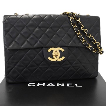 1円◎美品 CHANEL シャネル チェーンショルダーバッグ デカマトラッセ ココマーク ラムスキン レザー ブラック◎E.Dip.jR-24