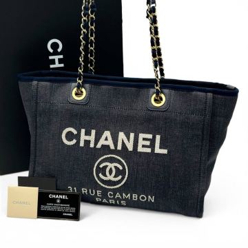 CHANEL シャネル ドーヴィル デニム チェーントート 17番台 シール・カード付 キャンバス カンボン ココマーク 肩掛け ブルー 青色 紺色