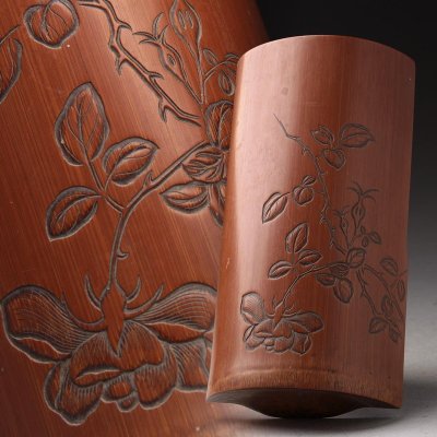 FG945 時代茶道具 竹茶合・竹刻折枝花圖茶量・茶則・茶箕 茶具 茶器 竹工芸 古美術