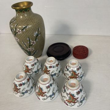 【まとめ売り】中国美術 景徳鎮 粉彩 煎茶碗 6客 / 七宝焼 景泰藍 花瓶 / 堆朱 小物入れ 飾台 煎茶道具 唐物 中国古玩 骨董