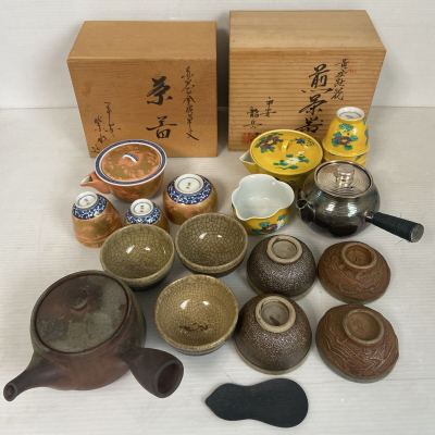 【大量】煎茶道具 茶器 おまとめ 共箱入り 京焼 黄交趾 赤絵 相馬焼 相馬原源 湯呑 急須 備前 宝瓶 茶合 茶箕 金属急須 骨董