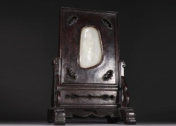 【雲錦】某収集家放出品 清時代 紫檀木 和田玉象嵌 玉佛漢詩紋硯屏 材質保証 時代物保証 激レア 古美術 骨董品8L9-9AM40