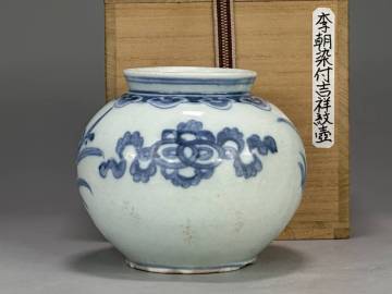 U07S95　朝鮮古美術　李朝時代　李朝染付吉祥文壺　青花壺　古壺　時代物　古物保証　美品　韓国美術