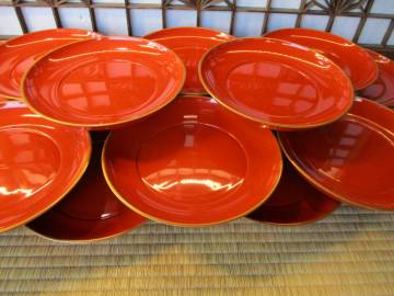 《和》　輪島塗　朱塗　金縁平皿16客　菓子器　盛皿　木皿　会席　お店使い　漆器　天然木　美品