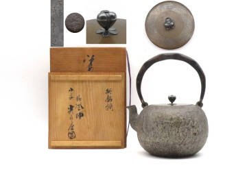 R8221 平安 光玉堂 造 姥口 丸形鉄瓶 純銀摘 鉄器 鉄壺 急須 湯沸かし 在銘 刻印 共箱 金属工芸 時代物 古美術 茶道具 茶注 茶器 