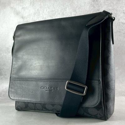 1円〜美品 COACH コーチ ヒューストン マップバッグ シグネチャー メッセンジャーバッグ ショルダーバッグ レザー PVC 黒 大容量 A4収納可