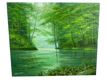 &infin; 新品未使用 【真作保証】 油彩　森谷繁 緑影奥入瀬　石ヶ戸付近　F8 油彩画　自然 風景画 絵画 油絵 (11)