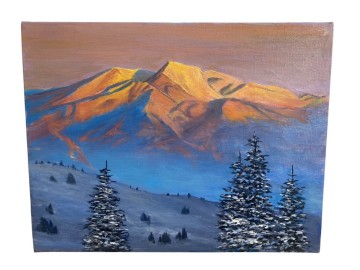 &infin; 新品未使用 【真作保証】 油彩　森谷繁 朝焼けの妙高山　F6 油彩画　自然 風景画 絵画 油絵　(19)