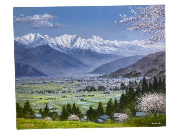 &infin; 新品未使用 【真作保証】 油彩　森谷繁 桜咲く安曇野　F15 油彩画　自然 風景画 絵画 油絵 (23)