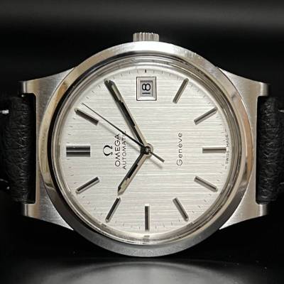 1円～ 正規動作品 OMEGA オメガ ジュネーブ デイト シルバーヘアラインダイヤル 自動巻き 腕時計
