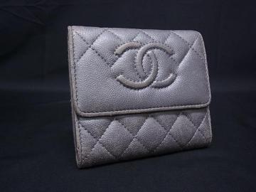 1円 CHANEL シャネル ココマーク マトラッセ レザー 二つ折り 財布 ウォレット 小銭入れ 札入れ カード入れ レディース グレー系 FZ1993