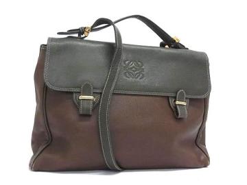1円 LOEWE ロエベ ヴィンテージ アナグラム レザー 2WAY ハンドバッグ ショルダー 肩掛け ブラウン系&times;グリーン系 FU9707