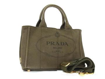 1円 ■美品■ PRADA プラダ ミニカナパ キャンバス 2WAY クロスボディ トートバッグ ショルダー 斜め掛け レディース カーキ系 FU9815