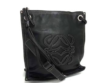 1円 ■美品■ LOEWE ロエベ アナグラム レザー クロスボディ ショルダーバッグ 斜め掛けかばん レディース ブラック系 FX6345