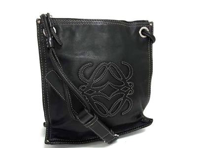 1円 ■美品■ LOEWE ロエベ アナグラム レザー クロスボディ ショルダーバッグ 斜め掛けかばん レディース ブラック系 FX6345