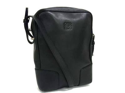 1円 LOEWE ロエベ アナグラム レザー クロスボディ ショルダーバッグ 斜め掛けかばん レディース メンズ ブラック系 FX6344