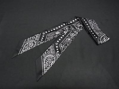 1円■極美品■ HERMES エルメス Entre Ciel et mer Bandana【空と海の間】ツイリー シルク リボンスカーフ ブラック系&times;ホワイト系 FW5016