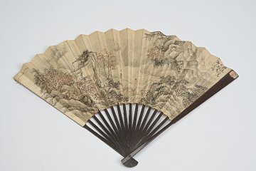 IJ2603◆中国画　扇子　郭蘭祥　紙本肉筆　山水人物画、蕭退庵　漢詩◆