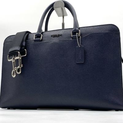 1円【極美品】コーチ COACH 2way ビジネスバッグ　ブリーフケース レザー 本革 ロゴ金具 A4 メンズ ハンド ネイビー 紺 大容量