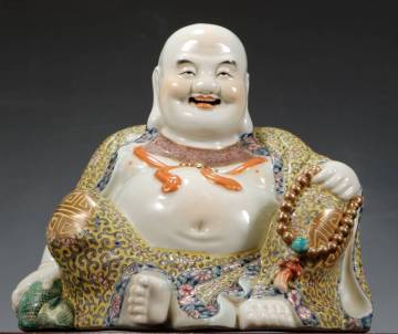 『古』【粉彩 魏洪泰造 彌勒佛 置物 七福神】重量2888g 皿 花器 花瓶 花觚 中国古美術 お椀 磁器 骨董品 陶磁 古陶磁器