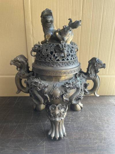 【Ｈ669】特大香炉 双龍戯珠 大名宣徳年製 刻印有 真鍮製 銅製 香炉 総重量 約13㎏ 古美術品 風水 置物 中国美術 金属工芸品 骨董品 レトロ