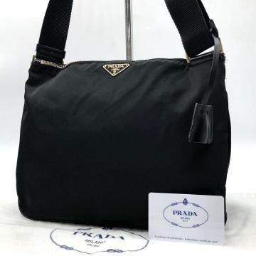 6119【極希少・美品】PRADA プラダ ショルダーバッグ 斜め掛け 三角ロゴ ゴールド金具 南京錠 鍵 テスートナイロン レザー 本革 ブラック