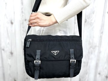 美品 PRADA プラダ テスート ショルダーバッグ バッグ ナイロン&times;レザー 黒 メンズ 99732
