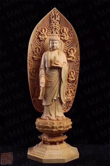 仏像 手彫り 薬師如来立像 高さ約43cm 仏教美術 精密彫刻