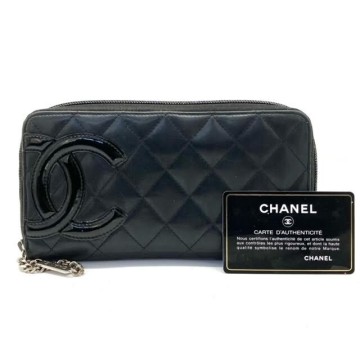 仙21【訳あり】CHANEL カンボンライン ラウンドファスナー 長財布 ブラック ピンク シャネル ウォレット ギャランティーカード付き