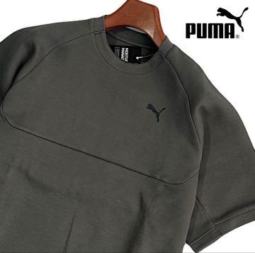 ◎新品【メンズL】ダークグレー PUMA ゴルフに最適 プーマ ヘビーウェイト テック スウェット 半袖 シャツ 吸水速乾 コットン混 