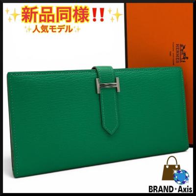 ★【新品同様】エルメス HERMES 二つ折り長財布 ベアンスフレ シェブルミゾル バンブー グリーン シルバー金具 T刻印 メンズ レディース★