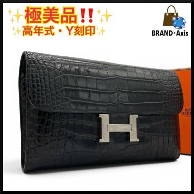 【極美品】エルメス HERMES クロコダイル アリゲーター コンスタンスロング 二つ折り長財布 ブラック レディース Y刻印
