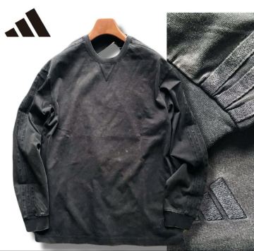 P197新品【メンズ2XL】デニム調 ブラックネイビー adidas アディダス 長袖 シャツ ヘビーウェイト コットン 3ストライプス ゴルフ