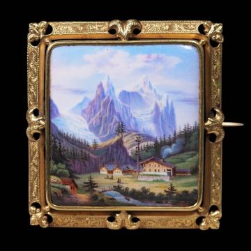 最高峰19世紀スイス製エナメル超細密画『ヴァッターホルン』18金ブローチ！幻想的山岳風景　魅惑の希少逸品宝飾！本物保証！
