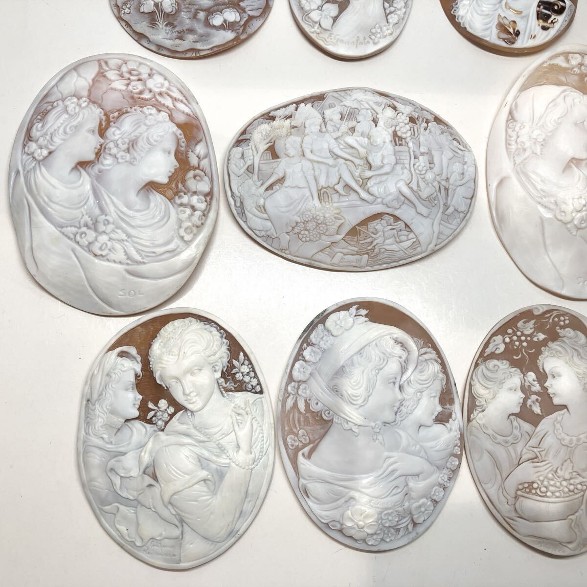  大判!!◯シェルカメオおまとめ231.1g◯m 約1155.51ct ルース 裸石 shell cameo ブローチ 貴婦人 彫刻 アンティーク 作家物 EB3/ED4 w4つ1