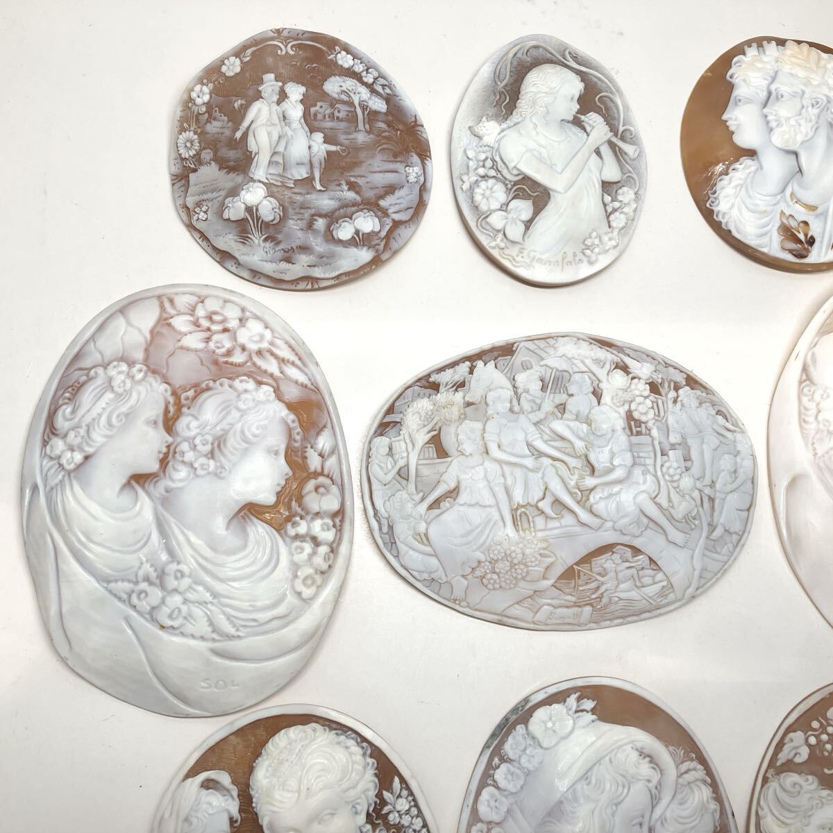  大判!!◯シェルカメオおまとめ231.1g◯m 約1155.51ct ルース 裸石 shell cameo ブローチ 貴婦人 彫刻 アンティーク 作家物 EB3/ED4 w4つ1