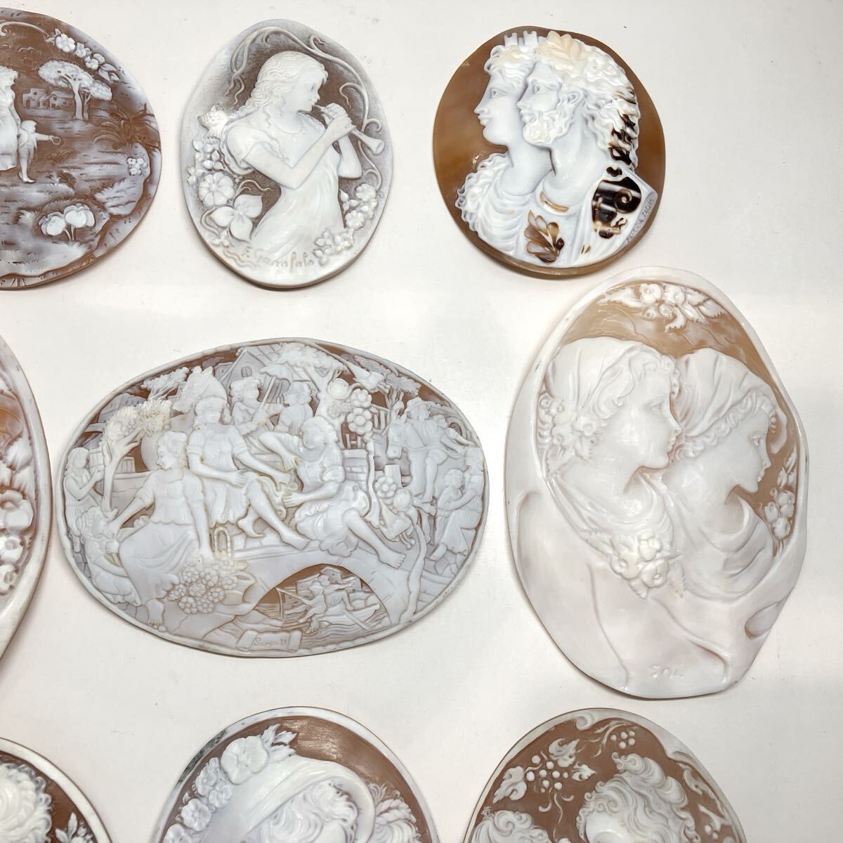  大判!!◯シェルカメオおまとめ231.1g◯m 約1155.51ct ルース 裸石 shell cameo ブローチ 貴婦人 彫刻 アンティーク 作家物 EB3/ED4 w4つ1
