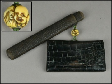 【ACT】時代物 煙管筒 鯨歯 緒締 煙草入 提げ物 古美術品 A8-0505-14