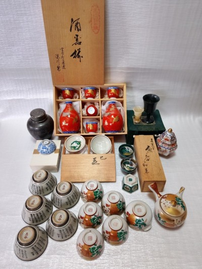 【29点 まとめ】 骨董 九谷焼 茶器 酒器 お猪口 ぐい呑み 盃 杯 急須 陶器 湯呑 工芸品 茶壺 レトロ 箱付 含 アンティーク 三助 中国 41