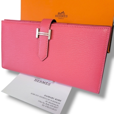 HERMES エルメス 未使用品 ベアンスフレ ローズピンク 刻印C 長財布 箱付き Hクラスプ シルバー ロングウォレット 国内正規品 大丸神戸