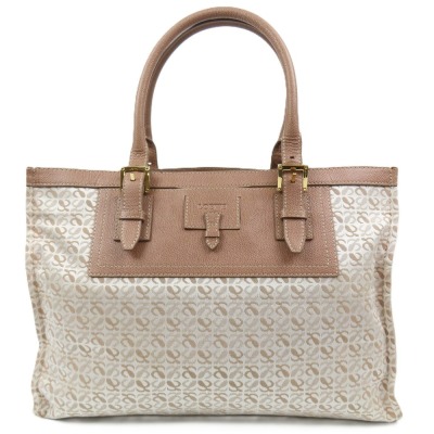 207824★1円スタート★LOEWE ロエベ 極美品 リピートアナグラム ハンドバッグ ヴィンテージ トートバッグ キャンバス レザー ベージュ