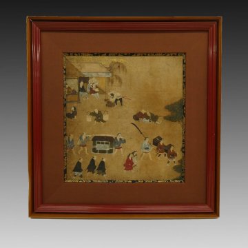 【古画】喜聞「江戸風俗画 (行列図・庶民風俗)」　1額 古筆 古文書 古書 日本画 肉筆浮世絵 江戸絵画 茶道 歴史資料 京都 江戸前期～中期