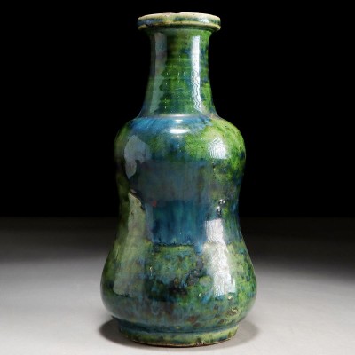 PS030. 古琉球 壷屋焼 緑釉 嘉瓶 酒器 高さ27cm / 陶器陶芸古美術時代花器花瓶